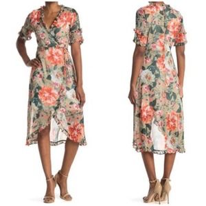 Kensie Floral Wrap Midi Dress - Pink and Green